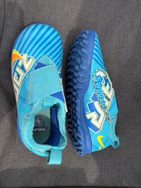 Nike Kids Blue and Yellow Turf Soccer Shoes with Hook-and-Loop Strap